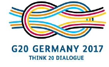 Logo G20 Germany 2017 Think 20 Dialogue z kolorowymi liniami splecionymi w okrąg.