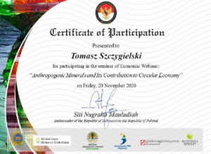 Certyfikat udziału dla Tomasza Szczygielskiego za udział w seminarium nt. antropogenicznych minerałów i ich wkładu w gospo...