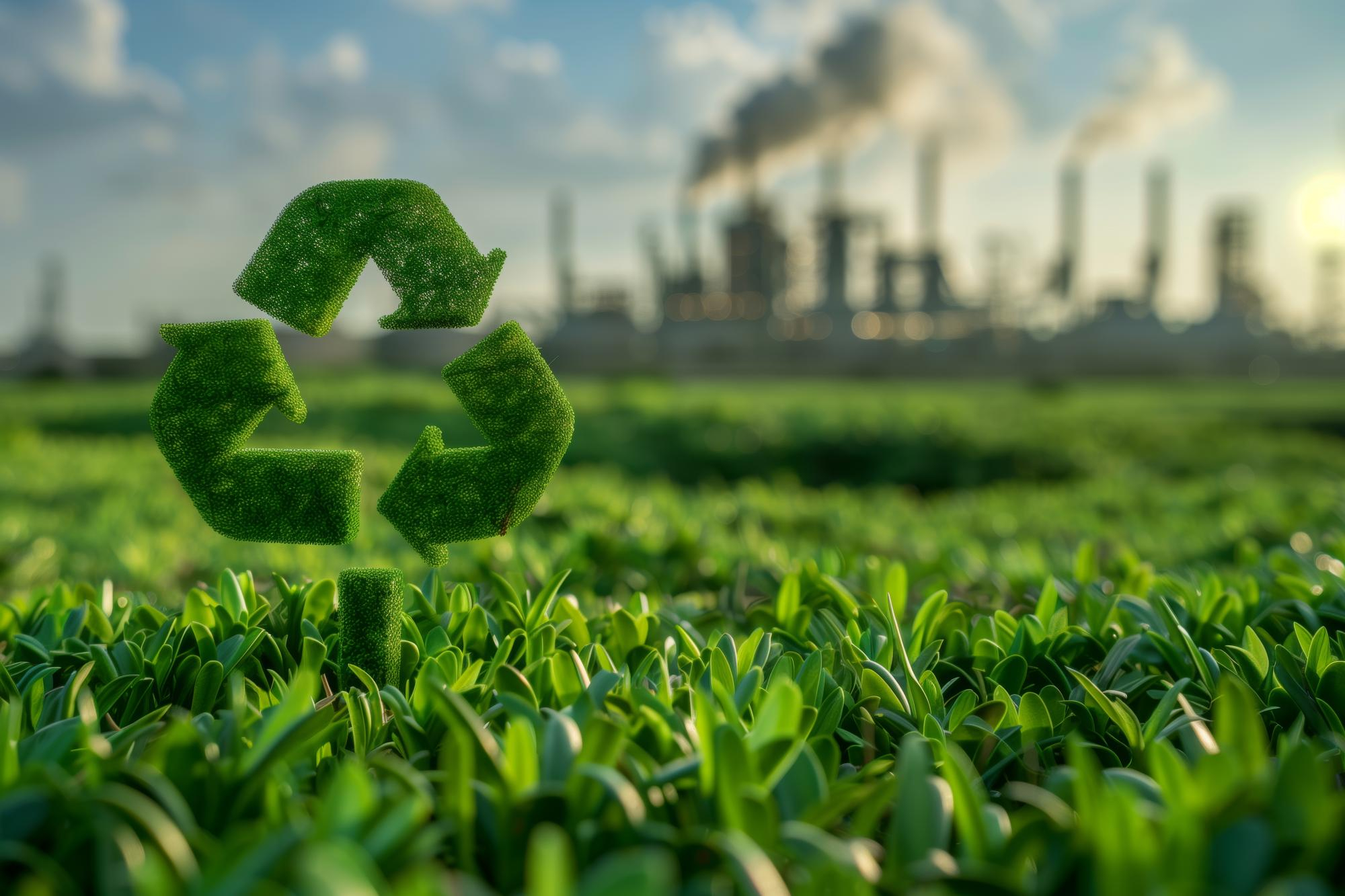 Zielony symbol recyklingu na trawie przed fabryką emitującą dym.